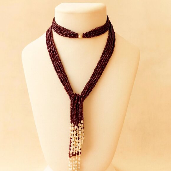 Pearls & Garnet 14K Gold Lariat Necklace – 48" Statement Strand, 1,050ctw - Picture 1 of 8